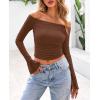 imagePRETTYGARDEN Womens Long Sleeve T Shirts Casual Off Shoulder Ruched Slim Fit Crop Tops Going Out Summer BlousesCoffee