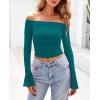 imagePRETTYGARDEN Womens Long Sleeve T Shirts Casual Off Shoulder Ruched Slim Fit Crop Tops Going Out Summer BlousesLake Blue