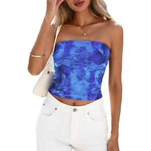 imagePRETTYGARDEN Strapless Tube Tops for Women 2025 Summer Mesh Floral Y2K Bandeau Cute Crop Top Trendy Going Out OutfitsBright Blue