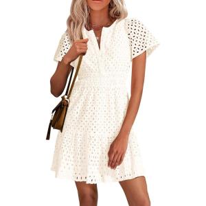 imagePRETTYGARDEN Womens 2025 Summer Short Dress V Neck Short Sleeve A Line Hollow Out Lace Ruffle Cute Casual Beach Party DressesBeige White