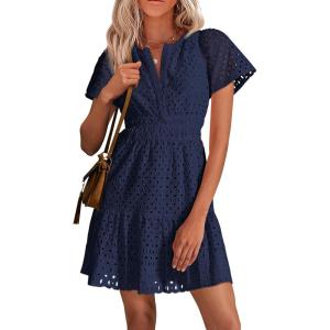 imagePRETTYGARDEN Womens 2025 Summer Short Dress V Neck Short Sleeve A Line Hollow Out Lace Ruffle Cute Casual Beach Party DressesNavy
