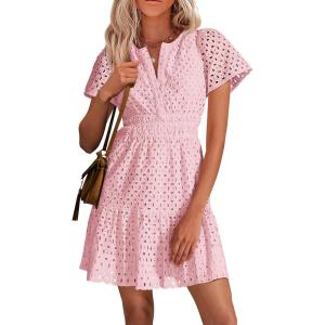 imagePRETTYGARDEN Womens 2025 Summer Short Dress V Neck Short Sleeve A Line Hollow Out Lace Ruffle Cute Casual Beach Party DressesPink