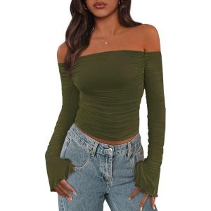 imagePRETTYGARDEN Womens Long Sleeve T Shirts Casual Off Shoulder Ruched Slim Fit Crop Tops Going Out Summer BlousesArmy Green