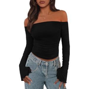 imagePRETTYGARDEN Womens Long Sleeve T Shirts Casual Off Shoulder Ruched Slim Fit Crop Tops Going Out Summer BlousesBlack