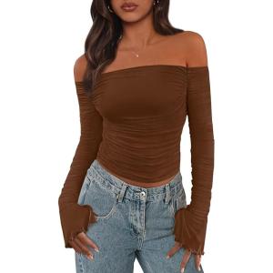imagePRETTYGARDEN Womens Long Sleeve T Shirts Casual Off Shoulder Ruched Slim Fit Crop Tops Going Out Summer BlousesCoffee