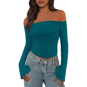 imagePRETTYGARDEN Womens Long Sleeve T Shirts Casual Off Shoulder Ruched Slim Fit Crop Tops Going Out Summer BlousesLake Blue
