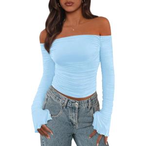 imagePRETTYGARDEN Womens Long Sleeve T Shirts Casual Off Shoulder Ruched Slim Fit Crop Tops Going Out Summer BlousesLight Blue