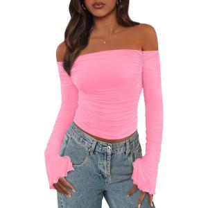 imagePRETTYGARDEN Womens Long Sleeve T Shirts Casual Off Shoulder Ruched Slim Fit Crop Tops Going Out Summer BlousesPink