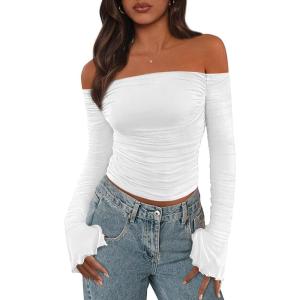 imagePRETTYGARDEN Womens Long Sleeve T Shirts Casual Off Shoulder Ruched Slim Fit Crop Tops Going Out Summer BlousesWhite