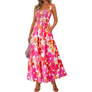 imagePRETTYGARDEN Womens Summer Dresses Floral Sleeveless Smocked Maxi Dress Boho Spaghetti Strap A Line Flowy Beach Long SundressFloral White Rose Red