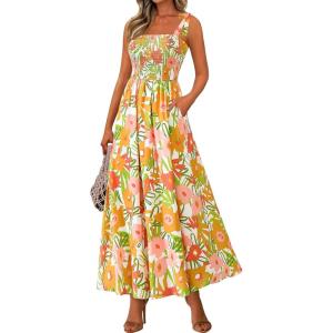 imagePRETTYGARDEN Womens Summer Dresses Floral Sleeveless Smocked Maxi Dress Boho Spaghetti Strap A Line Flowy Beach Long SundressWhite Yellow Flower