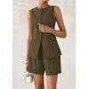 imagePRETTYGARDEN Womens 2 Piece Sets 2025 Summer Trendy Button Down Suit Vest Tops High Waisted Shorts Business Casual OutfitsArmy Green