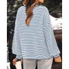 imagePRETTYGARDEN Womens Sweaters 2025 Puffy Long Sleeve Crewneck Soft Loose Pullover Tops Chunky Knitted Striped SweaterStriped Blue