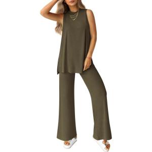 imagePRETTYGARDEN Womens 2 Piece Lounge Set 2025 Summer Casual Loose Tank Top Wide Leg Pants Matching Travel Outfits TracksuitArmy Green
