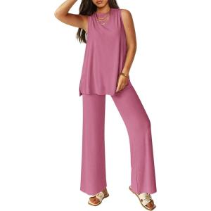 imagePRETTYGARDEN Womens 2 Piece Lounge Set 2025 Summer Casual Loose Tank Top Wide Leg Pants Matching Travel Outfits TracksuitPink