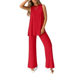 imagePRETTYGARDEN Womens 2 Piece Lounge Set 2025 Summer Casual Loose Tank Top Wide Leg Pants Matching Travel Outfits TracksuitRed