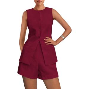 imagePRETTYGARDEN Womens 2 Piece Sets 2025 Summer Trendy Button Down Suit Vest Tops High Waisted Shorts Business Casual OutfitsWine Red