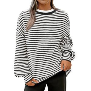 imagePRETTYGARDEN Womens Sweaters 2025 Puffy Long Sleeve Crewneck Soft Loose Pullover Tops Chunky Knitted Striped SweaterStriped Black