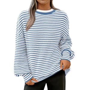 imagePRETTYGARDEN Womens Sweaters 2025 Puffy Long Sleeve Crewneck Soft Loose Pullover Tops Chunky Knitted Striped SweaterStriped Blue