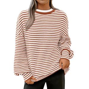 imagePRETTYGARDEN Womens Sweaters 2025 Puffy Long Sleeve Crewneck Soft Loose Pullover Tops Chunky Knitted Striped SweaterStriped Caramel