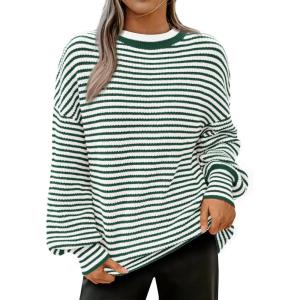 imagePRETTYGARDEN Womens Sweaters 2025 Puffy Long Sleeve Crewneck Soft Loose Pullover Tops Chunky Knitted Striped SweaterStriped Dark Green