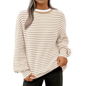 imagePRETTYGARDEN Womens Sweaters 2025 Puffy Long Sleeve Crewneck Soft Loose Pullover Tops Chunky Knitted Striped SweaterStriped Khaki