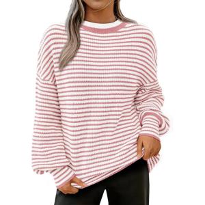 imagePRETTYGARDEN Womens Sweaters 2025 Puffy Long Sleeve Crewneck Soft Loose Pullover Tops Chunky Knitted Striped SweaterStriped Pink