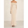 imagePRETTYGARDEN Womens Off The Shoulder Bodycon Maxi Dress Long Sleeve Mesh Elegant Party Formal Wedding Guest DressesApricot