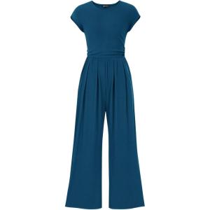 imagePRETTYGARDEN Summer Jumpsuits for Women Dressy Ribbed Cap Sleeve Wide Leg Pants Rompers Elegant Casual One Piece OutfitsLake Blue
