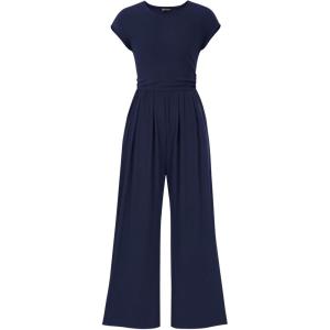 imagePRETTYGARDEN Summer Jumpsuits for Women Dressy Ribbed Cap Sleeve Wide Leg Pants Rompers Elegant Casual One Piece OutfitsNavy