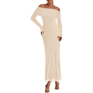 imagePRETTYGARDEN Womens Off The Shoulder Bodycon Maxi Dress Long Sleeve Mesh Elegant Party Formal Wedding Guest DressesApricot