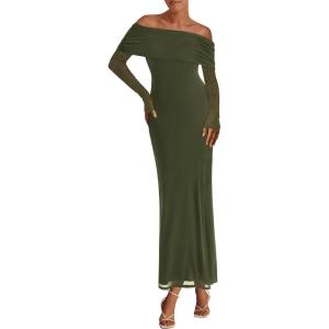 imagePRETTYGARDEN Womens Off The Shoulder Bodycon Maxi Dress Long Sleeve Mesh Elegant Party Formal Wedding Guest DressesArmy Green