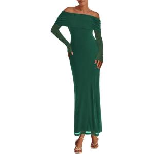 imagePRETTYGARDEN Womens Off The Shoulder Bodycon Maxi Dress Long Sleeve Mesh Elegant Party Formal Wedding Guest DressesGreen
