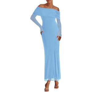 imagePRETTYGARDEN Womens Off The Shoulder Bodycon Maxi Dress Long Sleeve Mesh Elegant Party Formal Wedding Guest DressesLight Blue