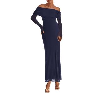 imagePRETTYGARDEN Womens Off The Shoulder Bodycon Maxi Dress Long Sleeve Mesh Elegant Party Formal Wedding Guest DressesNavy