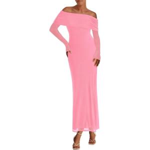 imagePRETTYGARDEN Womens Off The Shoulder Bodycon Maxi Dress Long Sleeve Mesh Elegant Party Formal Wedding Guest DressesPink