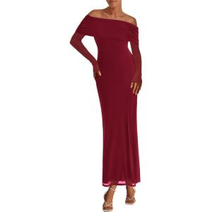 imagePRETTYGARDEN Womens Off The Shoulder Bodycon Maxi Dress Long Sleeve Mesh Elegant Party Formal Wedding Guest DressesWine Red