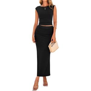 imagePRETTYGARDEN Womens Two Piece Skirt Set Cap Sleeve Cropped Tops Ruched Maxi Long Skirts Vacation Summer OutfitsBlack