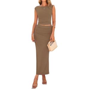 imagePRETTYGARDEN Womens Two Piece Skirt Set Cap Sleeve Cropped Tops Ruched Maxi Long Skirts Vacation Summer OutfitsKhaki