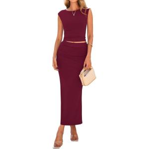 imagePRETTYGARDEN Womens Two Piece Skirt Set Cap Sleeve Cropped Tops Ruched Maxi Long Skirts Vacation Summer OutfitsWine Red