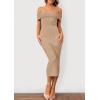 imagePRETTYGARDEN Womens Off The Shoulder Sweater Dresses 2025 Summer Elegant Ribbed Knit Midi Bodycon Wedding Guest DressKhaki