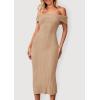 imagePRETTYGARDEN Womens Off The Shoulder Sweater Dresses 2025 Summer Elegant Ribbed Knit Midi Bodycon Wedding Guest DressKhaki