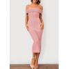 imagePRETTYGARDEN Womens Off The Shoulder Sweater Dresses 2025 Summer Elegant Ribbed Knit Midi Bodycon Wedding Guest DressPink