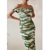 imagePRETTYGARDEN Womens Ruched Bodycon Maxi Dress 2025 Summer Off Shoulder Floral Mesh Cocktail Party Fitted DressesDark Army Green Floral