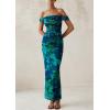 imagePRETTYGARDEN Womens Ruched Bodycon Maxi Dress 2025 Summer Off Shoulder Floral Mesh Cocktail Party Fitted DressesGreen Floral