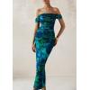 imagePRETTYGARDEN Womens Ruched Bodycon Maxi Dress 2025 Summer Off Shoulder Floral Mesh Cocktail Party Fitted DressesGreen Floral
