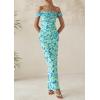 imagePRETTYGARDEN Womens Ruched Bodycon Maxi Dress 2025 Summer Off Shoulder Floral Mesh Cocktail Party Fitted DressesLight Green Daisy