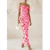 imagePRETTYGARDEN Womens Ruched Bodycon Maxi Dress 2025 Summer Off Shoulder Floral Mesh Cocktail Party Fitted DressesPink Daisy