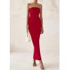 imagePRETTYGARDEN Womens Summer Semi Formal Cocktail Dresses Strapless Tube Bodycon Ruched Slit Evening Wedding Guest Maxi DressRed
