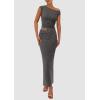 imagePRETTYGARDEN Womens Two Piece Skirt Set 2025 Summer Outfits One Shoulder Sleeveless Ruched Slit Bodycon Maxi SkirtsGrey